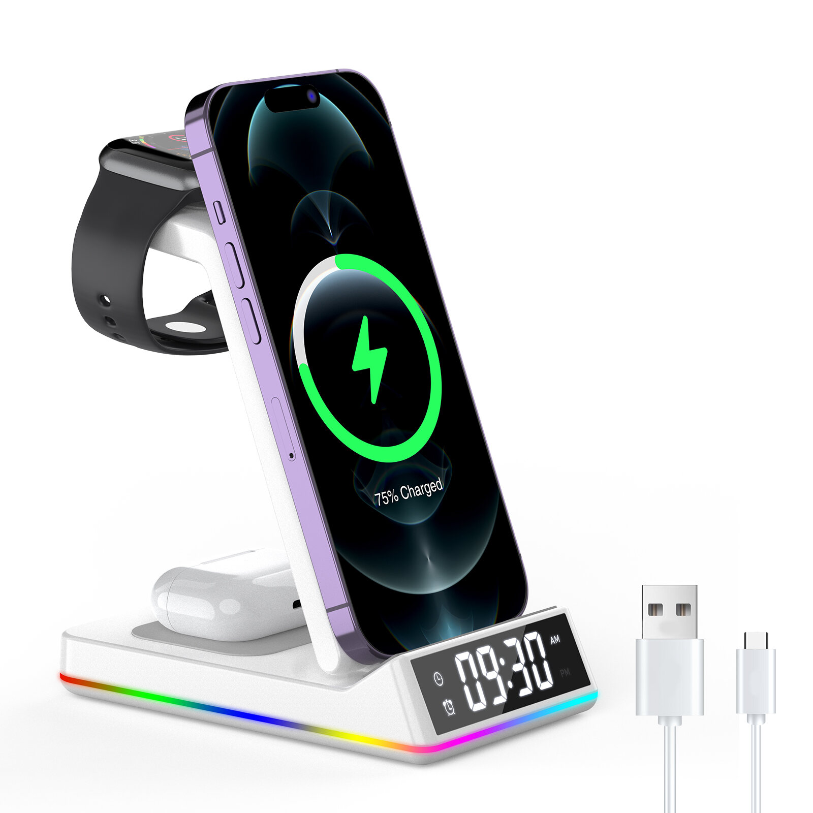 Brifit 5 in 1 Wireless Magnetic Charger 15W Wireless Charger for Multi-Device Charging Compatible with iPhone 14/13/12/11/Pro/XR, Apple Watch 2-8, Airpods 1/2/3/Pro with Time, Alarm Clock , LED light,