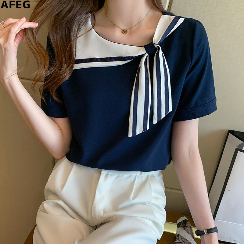 AFEG new Korean style round neck bowknot fashion loose all-match short-sleeved blouse for women