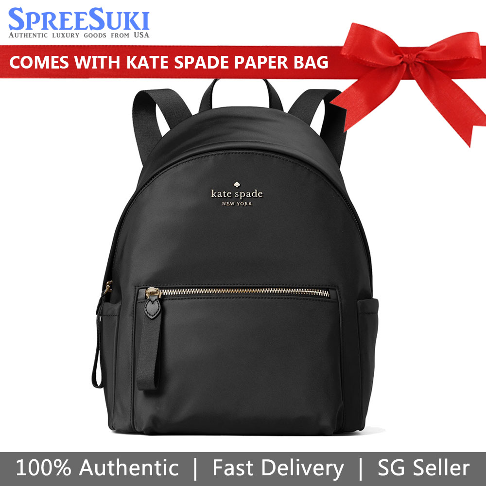 Kate Spade Backpack With Gift Paper Bag Chelsea Nylon Medium Backpack Black # WKR00556