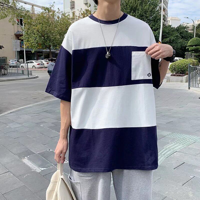 t shirt Men Korean Style Oversize Short Sleeve Fashion Tops Casual Contrast Color Block Print t-shirt