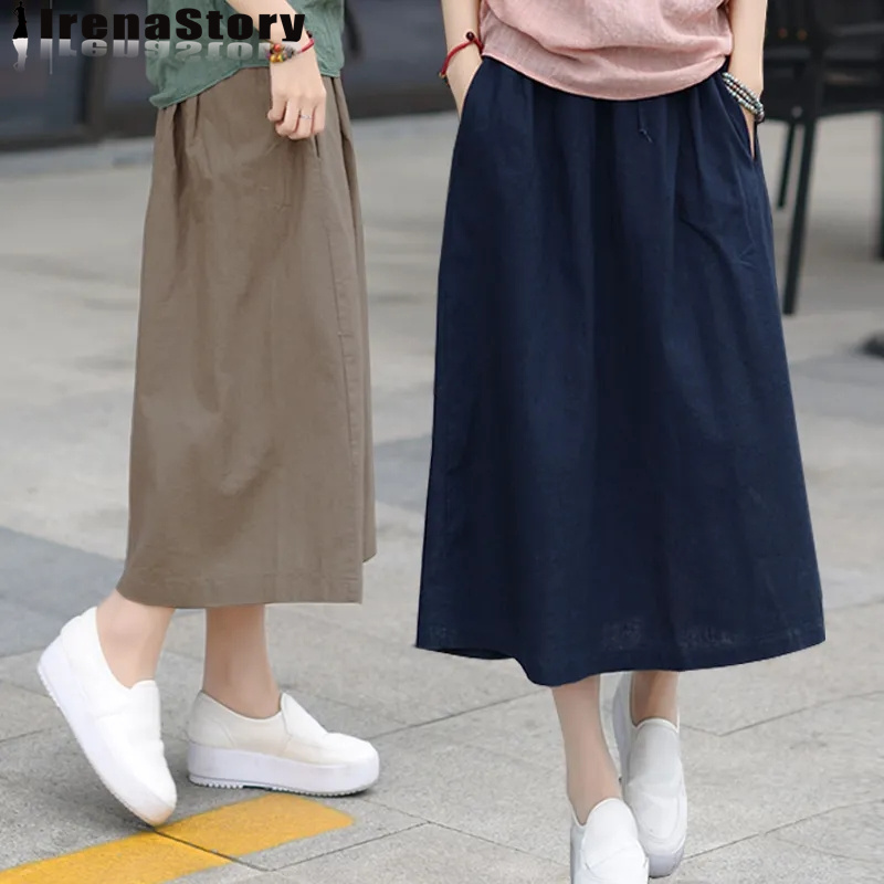 (S-4XL) IRENASTORY Korean Style Cotton Skirts for Women Plain Color Elastic Waist A-line Skirt  Elastic Waist Plus Size Skirt