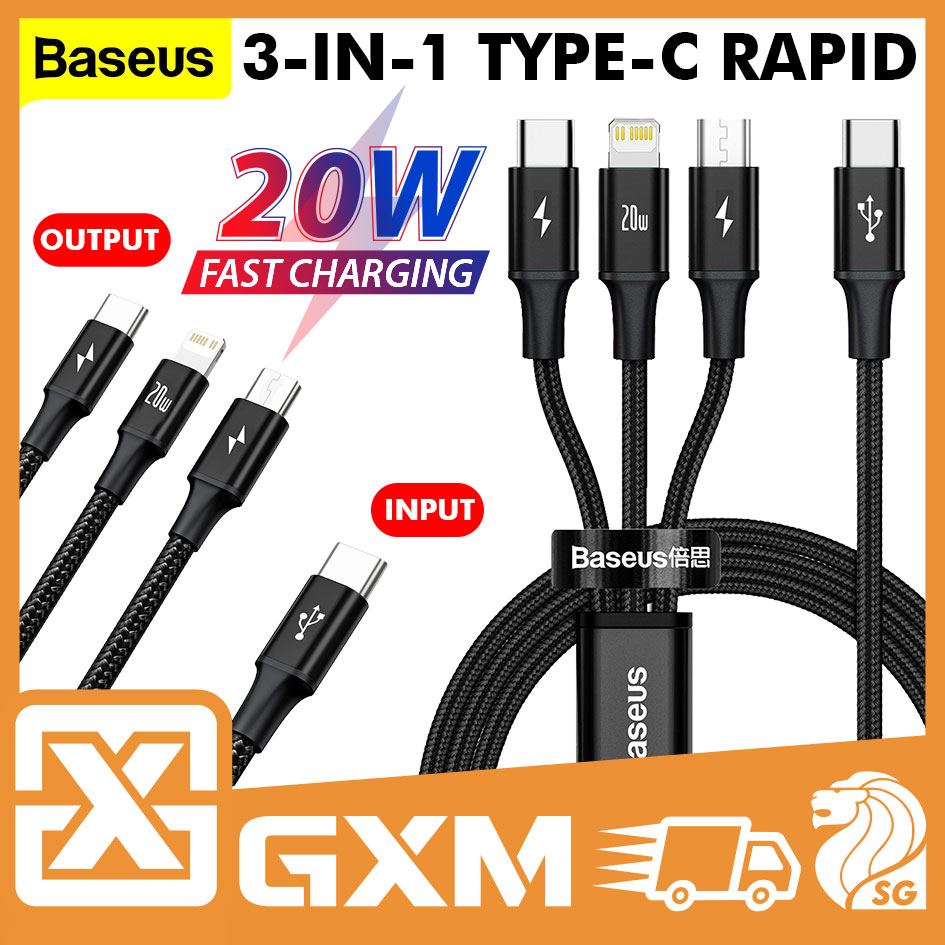 Baseus Type C Rapid 3 In 1 PD 20W PD Fast Charge IOS Android USB C Lightning Micro USB Simultaneously Durable Multi Charging Cable
