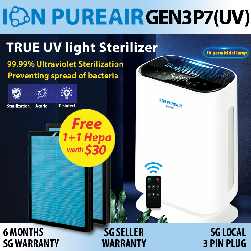 [SG SELLER]Air Purifier ION PUREAIR GEN3 P7(UV) True UV Light Sterilizer/ LCD Display/Hepa Filter/Negative Ion/Compact/Quieter/Powerful(1+1 Free H13 Hepa Filter)