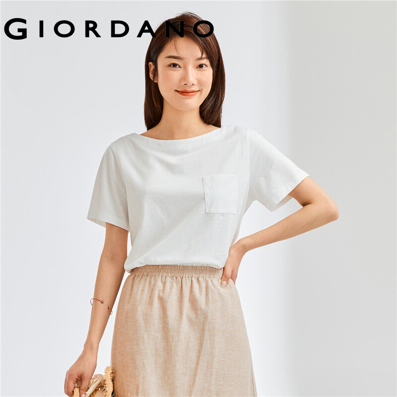 GIORDANO Women T-Shirts Short Sleeve Single Patch Pocket T-Shirts 100% Cotton Boat Neck Casual Basic Summer T-Shirts 13322204