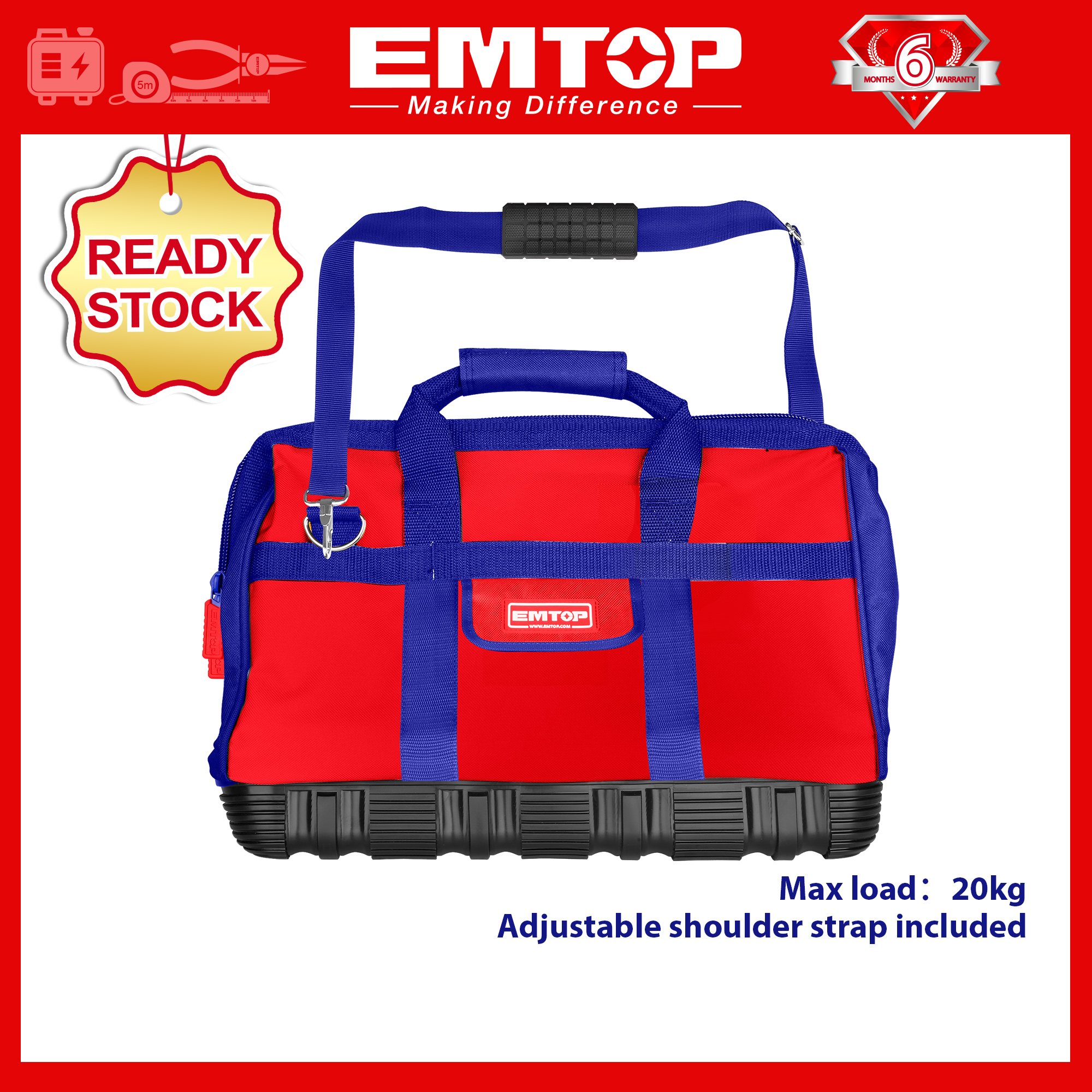 EMTOP 16in Zippered Multi-Pockets Wide Mouth Tools Storage Bag With Adjustable Shoulder Strap, Durable, Wear-Resistant Base For Construction Carpentry Gardening Electrician Home DIY ETBG28162