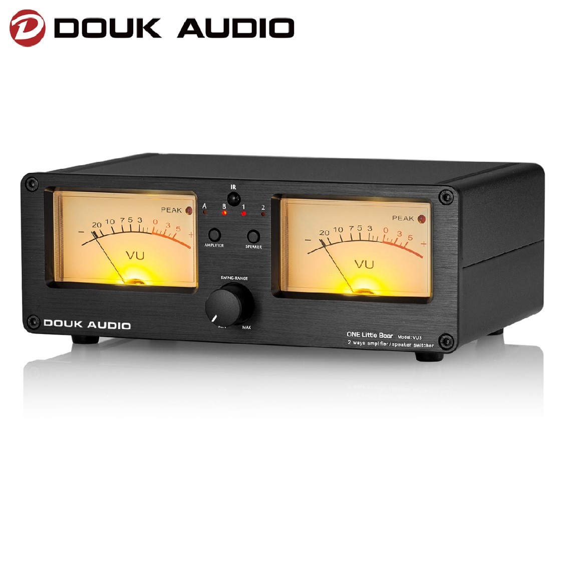 Douk Audio Dual Analog VU Meter Sound Level DB Panel Display 2-Way Amplifier / Speaker Switcher Box Selector W/ Remote Control