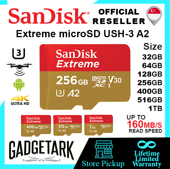 SanDisk Extreme micro SD 32GB I 64GB I 128GB I 256GB I 400GB I 512GB I 1TB microSD HC/XC USH-3 A2 R160mb/s W60mb/s