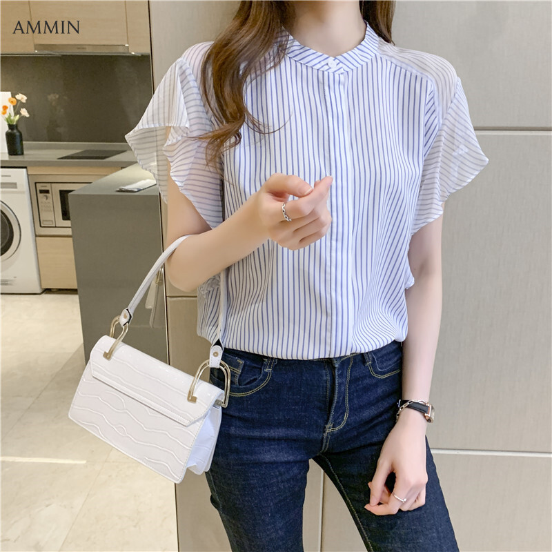 AMMIN 2021 new style short-sleeved personality design striped blouse summer stand-up collar lotus leaf sleeve elegant button cardigan chiffon commuter shirt tops 2021