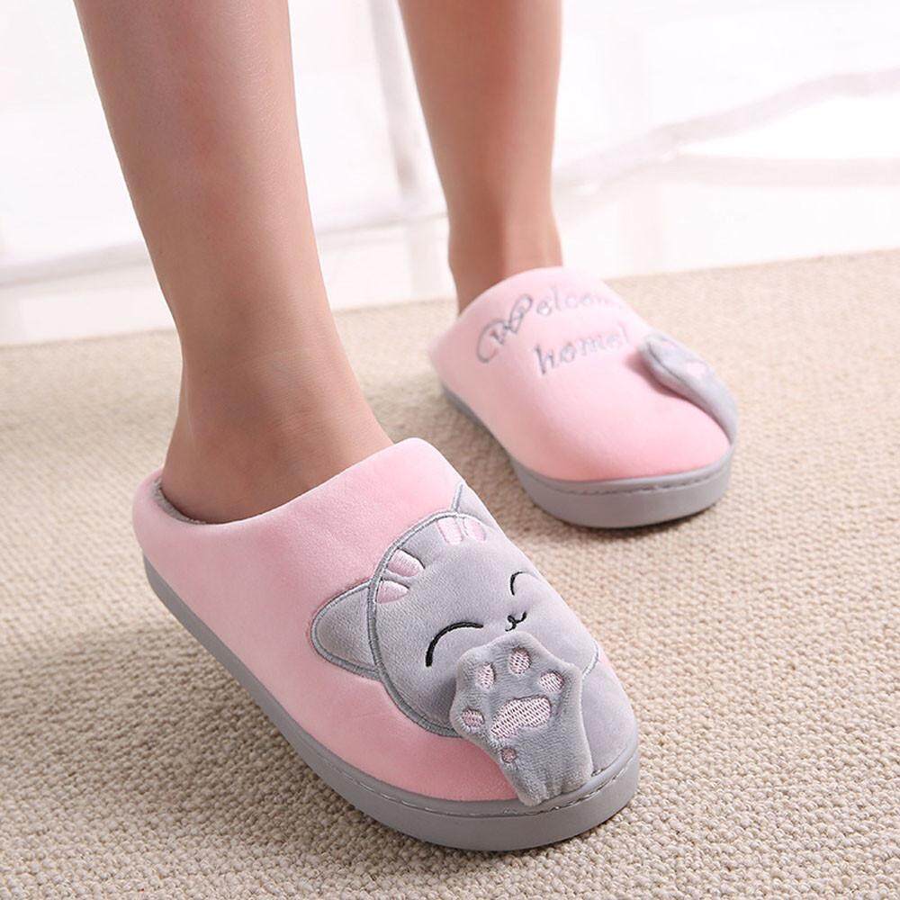 GO MALL Women Winter Home Slippers Cartoon Cat Non-slip Warm Indoors Bedroom Floor Shoes women