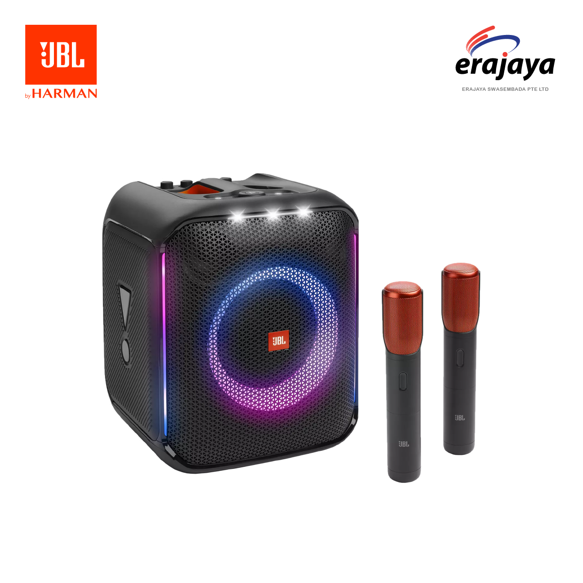 JBL Partybox Encore Portable party speaker with 100W powerful sound, built-in dynamic light show, included digital wireless mic, and splash proof design.