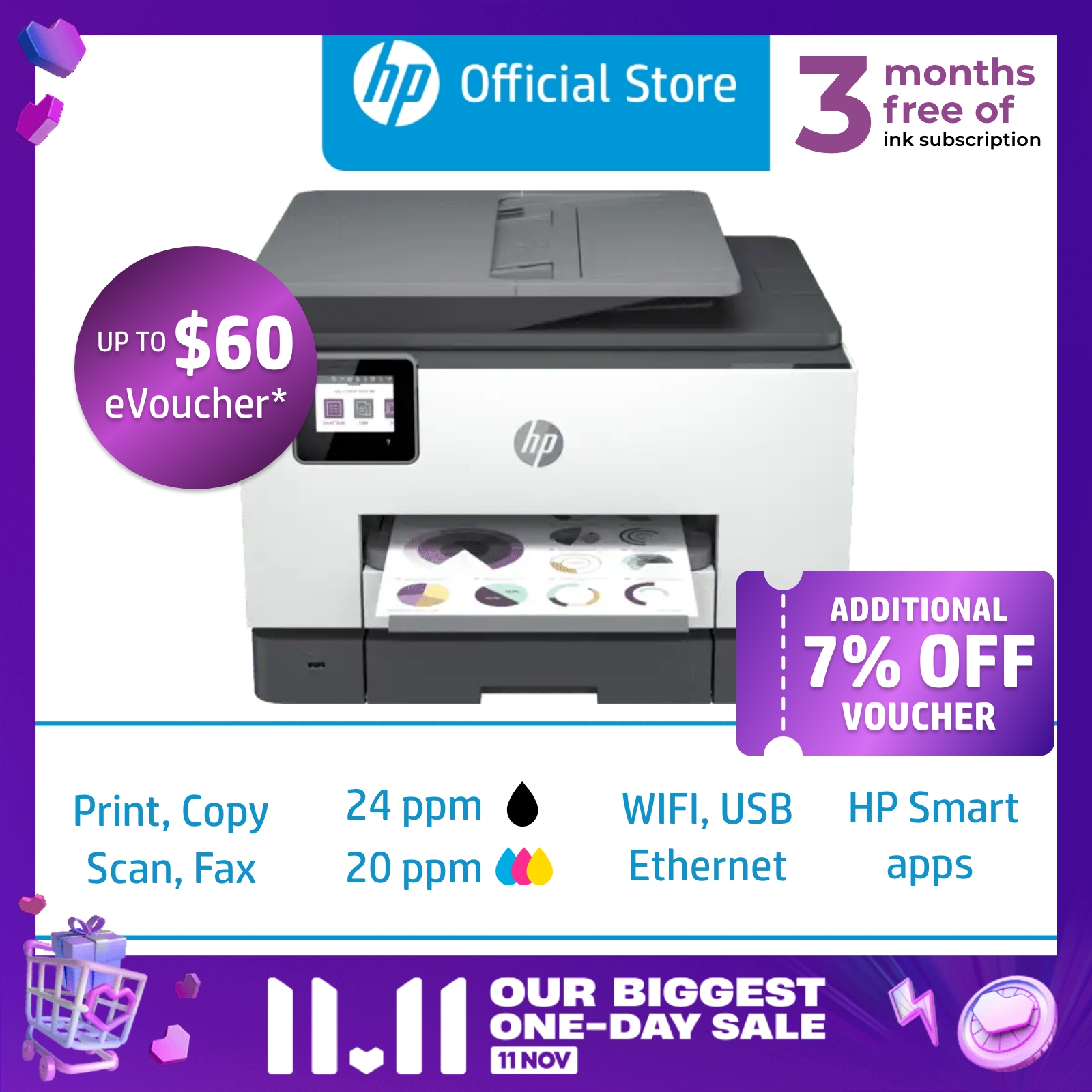 HP OfficeJet Pro 9020 All-in-One Wireless Color Inkjet Printer / Print, Copy, Scan, Mobile Fax / ADF / Front USB Port / Duplex / Two-Sided Printing / Two-Sided Scanning / Touchscreen / One Year Warran