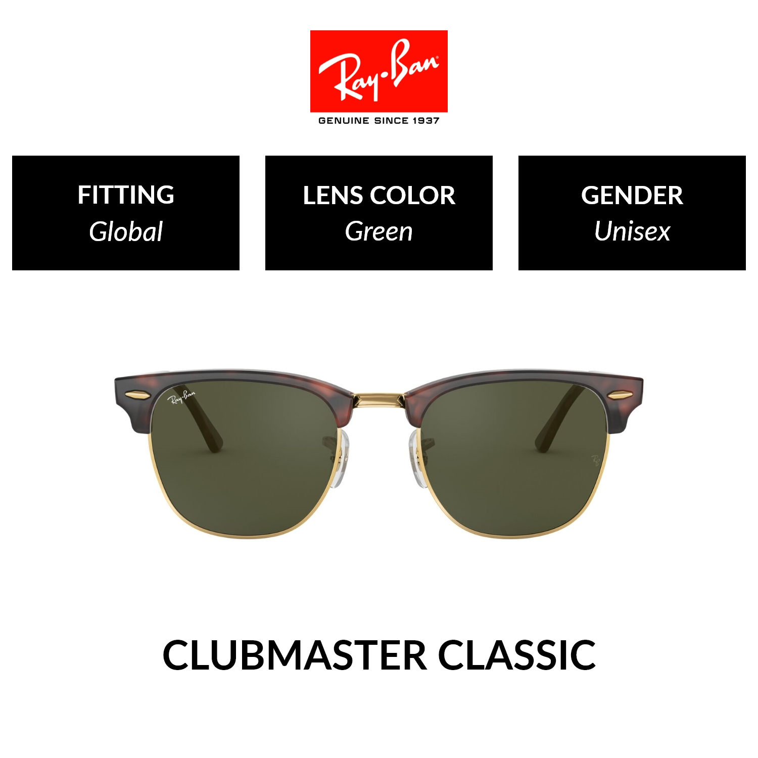 Ray-Ban CLUBMASTER | RB3016 W0366 | Unisex Global Fitting |  Sunglasses | Size 51mm