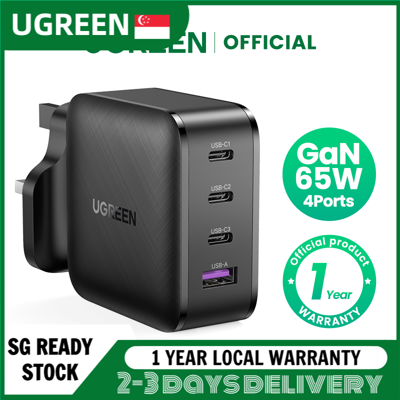 【3 Pin UK Plug 】UGREEN 65W Fast Charger GaN Power Delivery High Power PD 3.0 USB Quick Charger for Ipad Pro 2021 MacBook M1 IPhone 12 XR Macbook Air 4 2020 Pro Huawei P20 P30 P40 Sumsang S20 S21(Safet