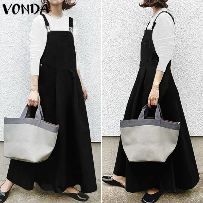 VONDA Women Sleeveless Dungaree Solid Plain Pianfore Overall Strap Long Dress
