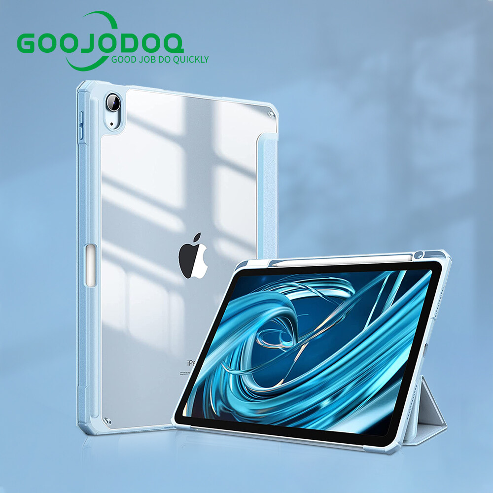 GOOJODOQ For iPad Air 4 Case With Pen Holder Pen Slot (No Pen) iPad 7th Gen iPad 8th Gen Case 2020 Shockproof Plexiglass Back