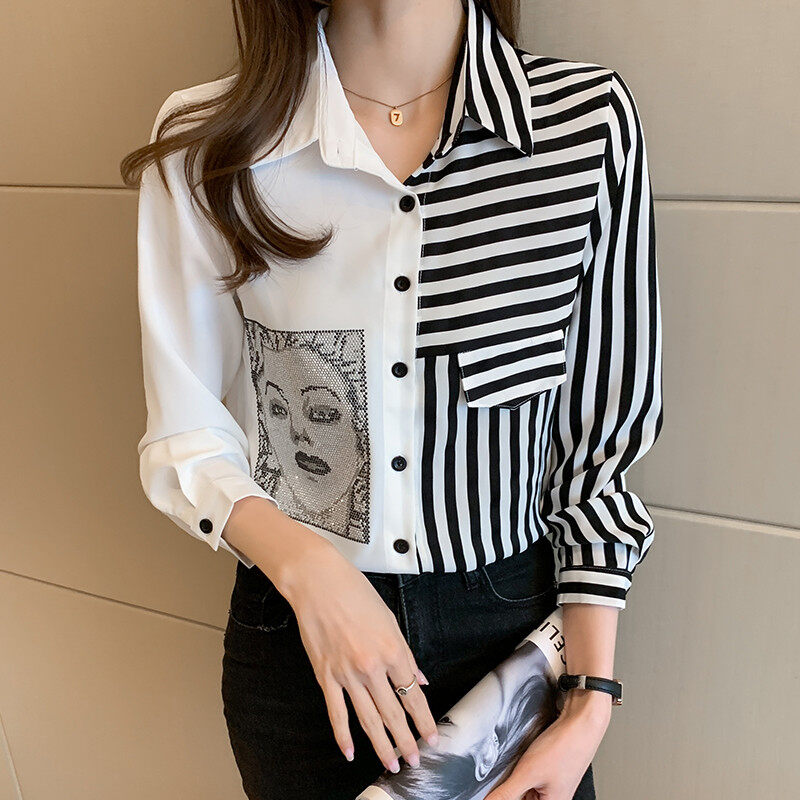 Stripe Shirt Women Long Sleeve Chiffon Blouse Korean Style Casual Fashion Top