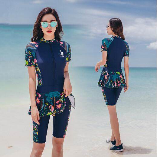 2pcs Dark Blue One Piece of Swimming Suit Conservative Belly Thin Sports Large Size Swimwear for Women 3XL