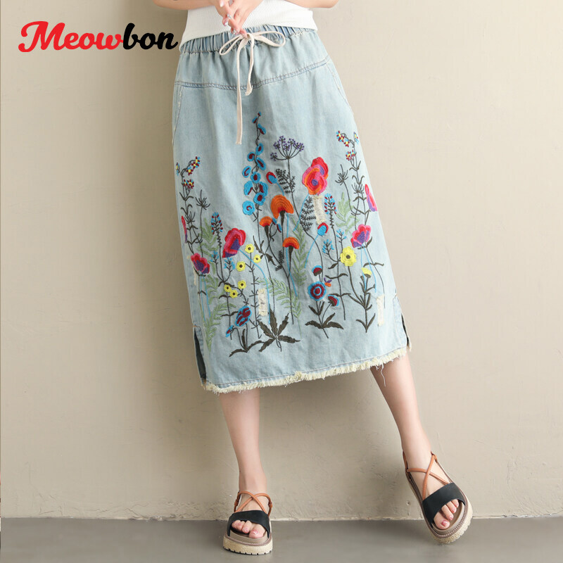 Drawstring Waist Summer Elastic Waist Floral Embroidered H-Line Retro Long Denim Skirts for Women L XXL