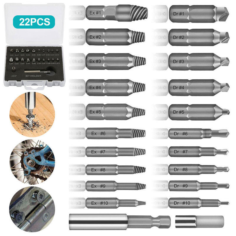 22Pcs Damaged Screw Extractor Drill Bit Extractor Drill Set Broken Speed Out Bolt Extractor Bolt Stud Remover Tool