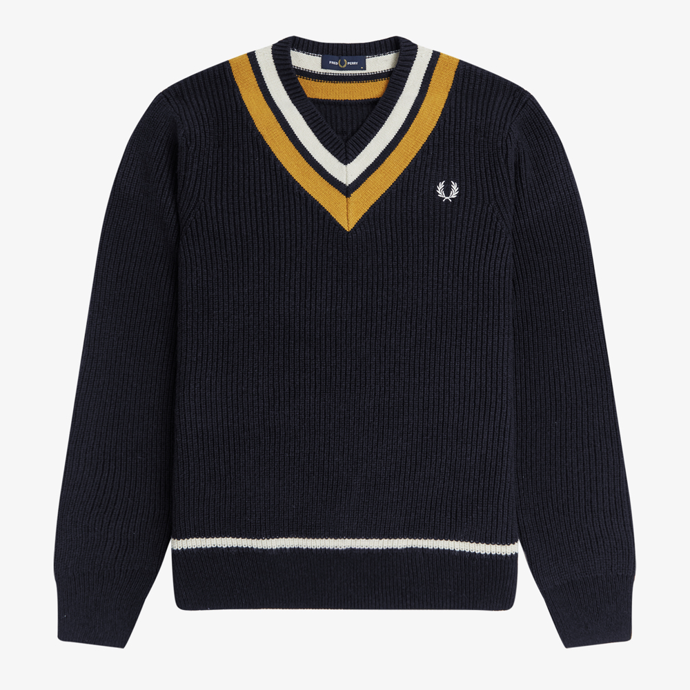 Fred Perry K2544 Striped V Neck Jumper - (Navy)