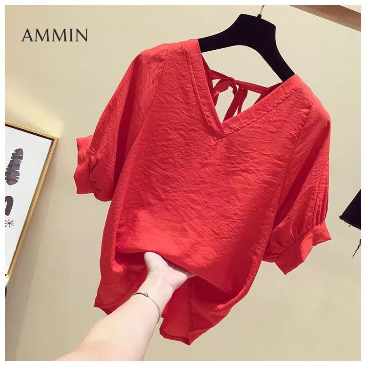 AMMIN Korean Style Short Sleeve Super Fairy Sweet Loose Slim Top For Women 2022 New V-Neck Backless Chiffon Shirt Casual Blouse
