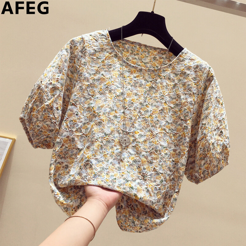 AFEG new Korean style round neck fashion loose and versatile printed short-sleeved blouse for women
