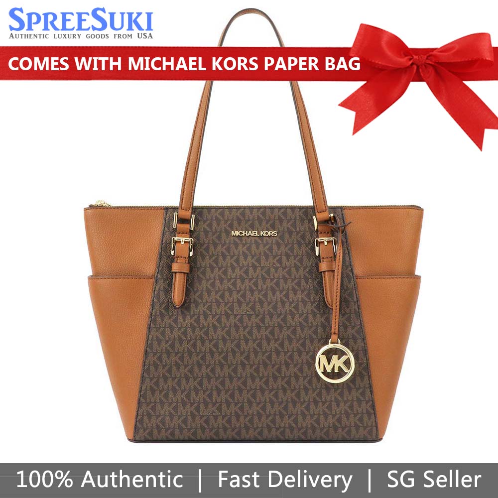 Michael Kors Handbag With Gift Paper Bag Charlotte Large Top Zip Tote Brown # 35T0GCFT3B