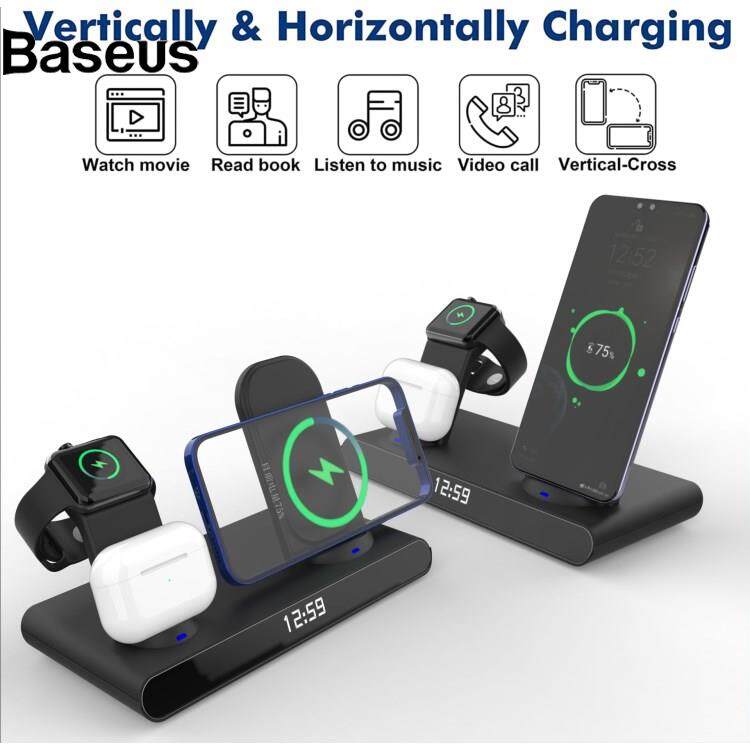Baseus HY-011 3-in-1 Digital Clock Design Rechargeable 15W Wireless Charger Qi Fast Charging Stand Dock for iPhone Android iWatch AirPods