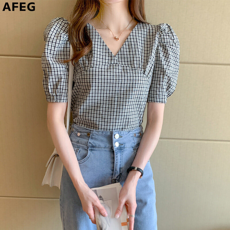 AFEG Korean style women's short-sleeved V-neck plaid bowknot elegant blouse for women