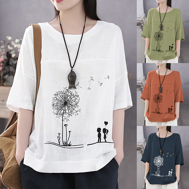 Rulfepy ZANZEA Women Oversize Short Sleeve Summer Tops Ladies Cartoon Cotton Shirts Blouses Tee