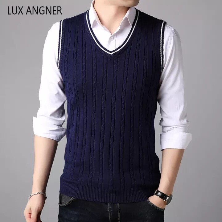 LUX ANGNER Autumn New Men V Neck Sweaters Men Sleeveless Stripe Vest Pullover Sweater Men Korean Slim Casual Sweater Clothes