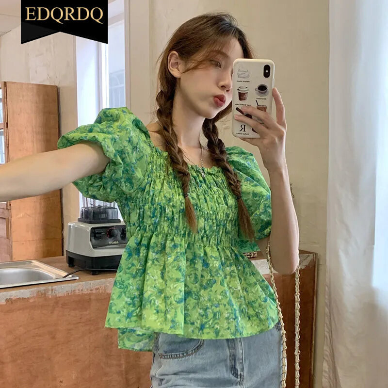 EDQRDQ Floral Off Shoulder Blouses Chiffon Summer Puff Sleeve Fashion Shirts Tops
