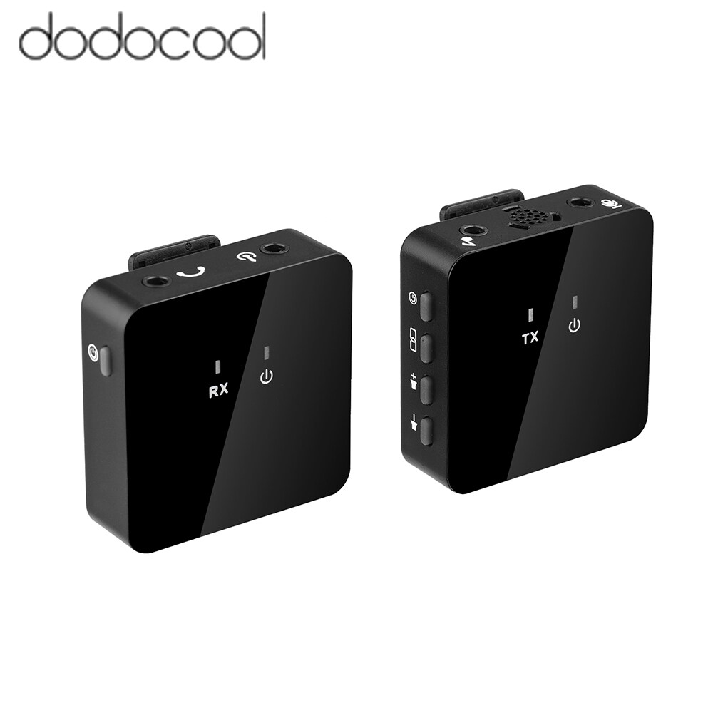 dodocool Wireless Clip-on Microphone UHF Wireless Mic Transmitter and Receiver with Clip Rechargeable Microphone with Windscreen Earphone Monitoring Function for Interview Live Show Vlog Shooting Teac