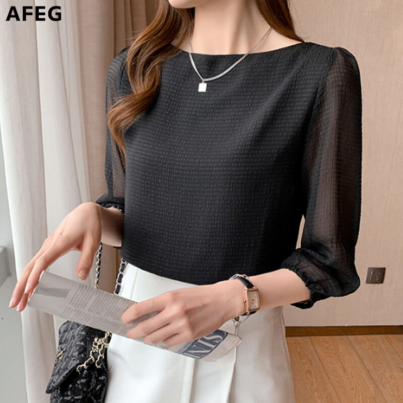 AFEG Korean style women's 3/4 sleeve chiffon temperament blouse for women