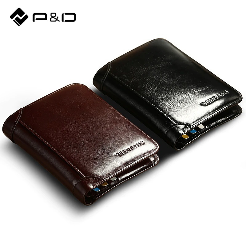 P&D Wallet Men Genuine Leather Credit Business Card Holders RFID Block Vintage Short Bifold Purses Boy Male Men's