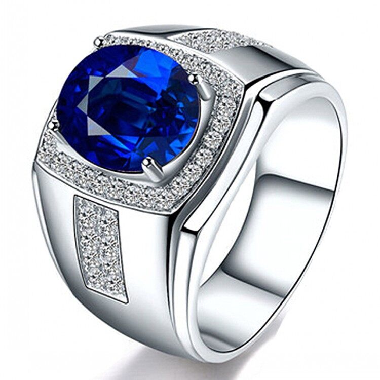 Oval Cut 18K White Gold Plated Sapphire Blue Cz Wedding Party Ring For Mens Gifts Size 6-10