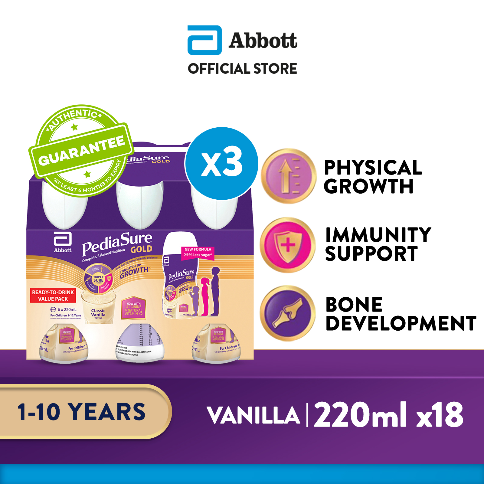 [Bundle of 3] PediaSure Gold Ready-to-Drink (RTD) - Classic Vanilla Flavour, 6 x 220ml