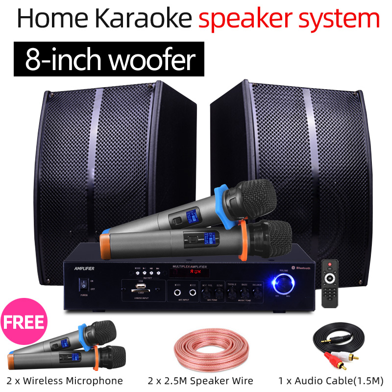 Wooden box 8 inch Subwoofer Home karaoke Set System Amplifier Speaker TV Stereo USB/Bluetooth Family Singing KTV Home Theater Full Set With 2 Wireless Microphone Support Popsical DVD DJ PA Meeting/Dan